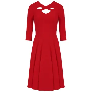 Red Criss-Cross Neckline 3/4 Sleeve 50s Swing Dress