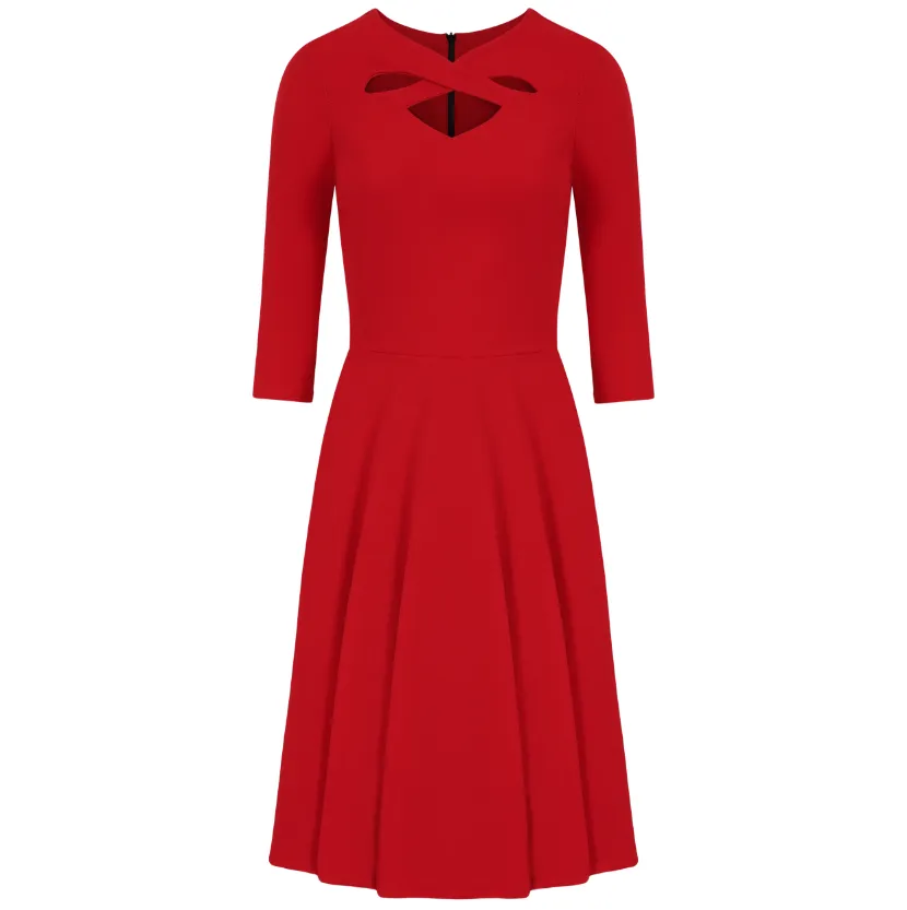 Red Criss-Cross Neckline 3/4 Sleeve 50s Swing Dress