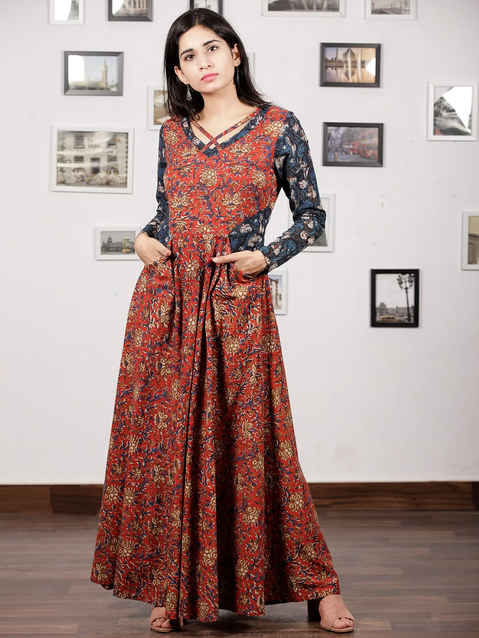 Red Indigo Ivory Hand Block Printed Long Cotton Dress With Pockets - D213F1218