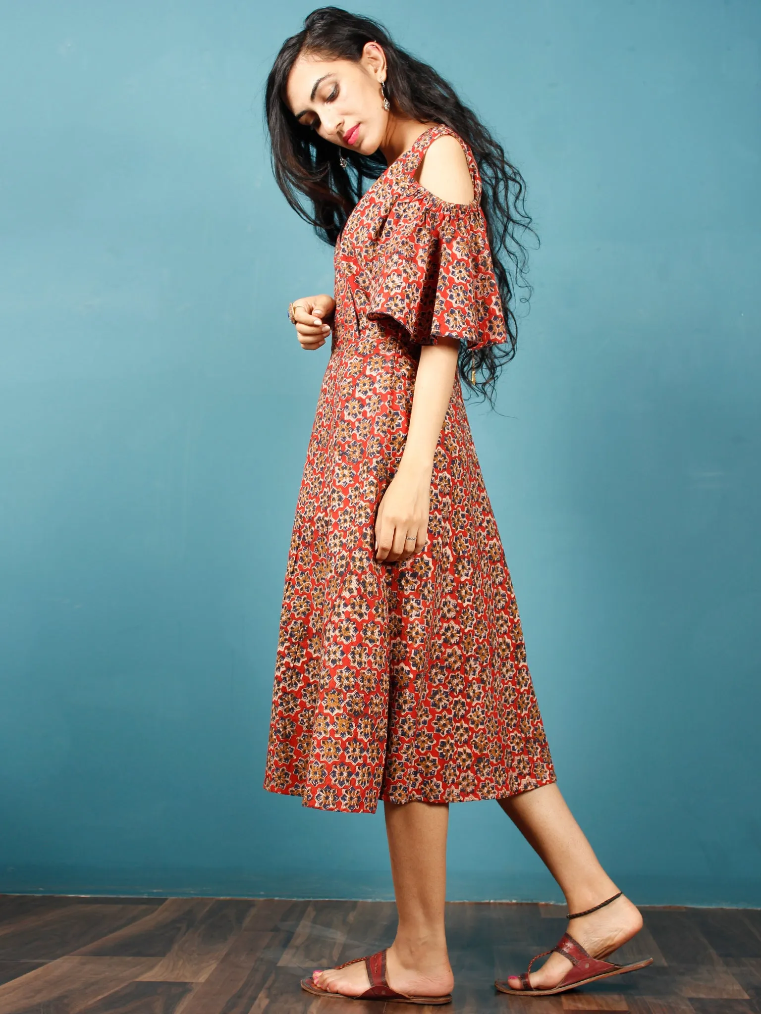 Red Mustard Indigo Hand Block Printed Cotton Dress With Cold Shoulders  - D241F1398