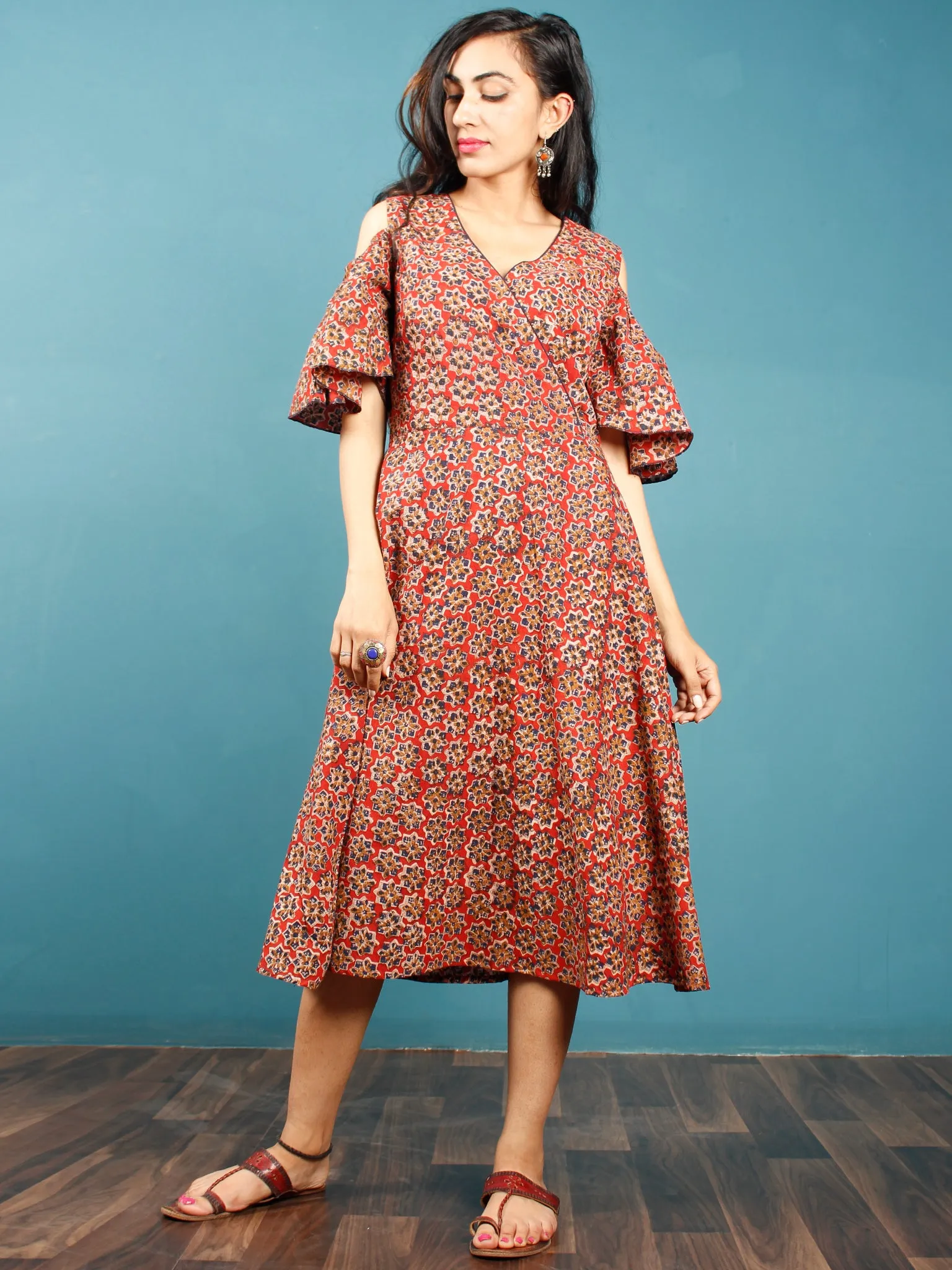 Red Mustard Indigo Hand Block Printed Cotton Dress With Cold Shoulders  - D241F1398