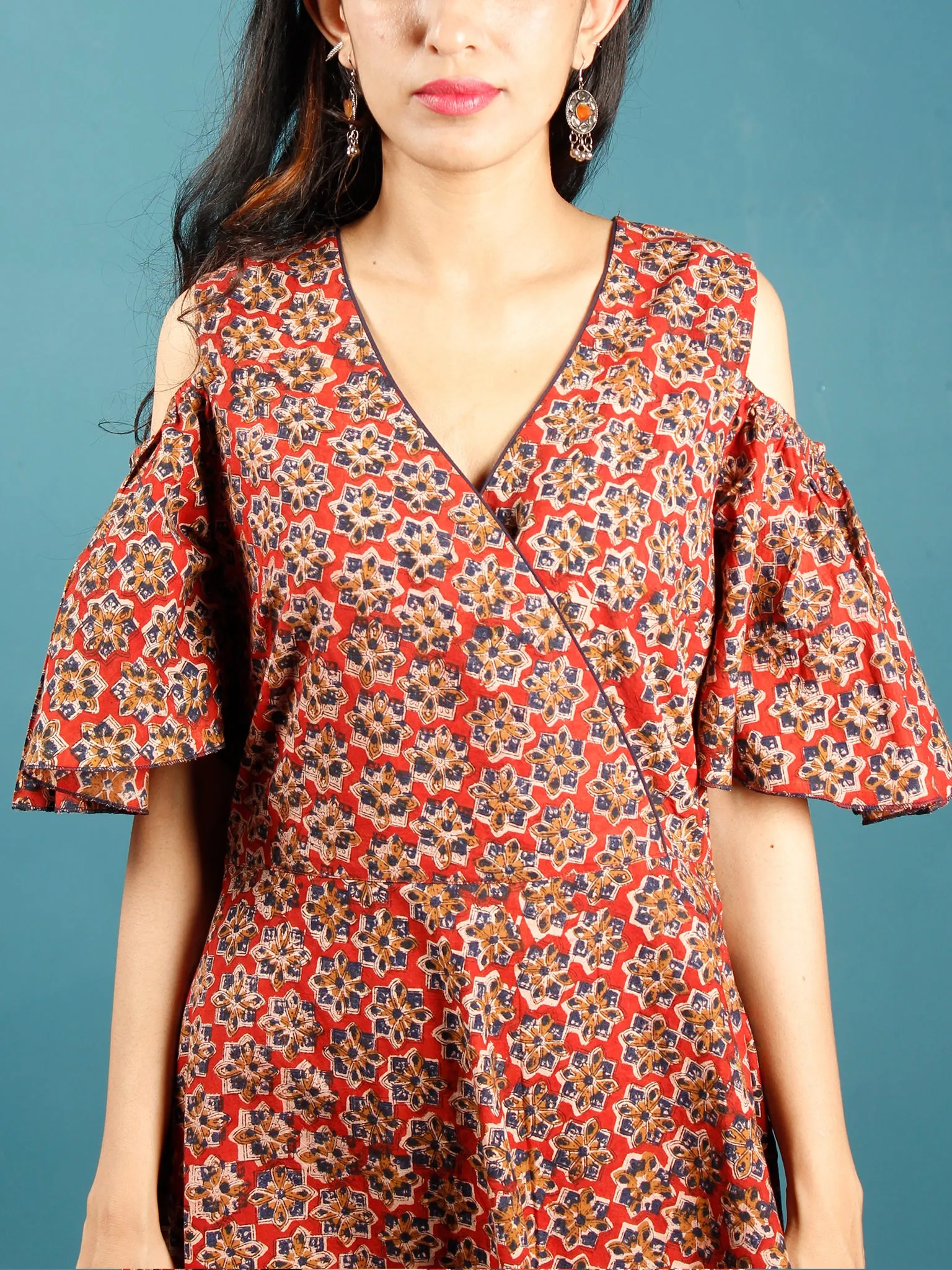 Red Mustard Indigo Hand Block Printed Cotton Dress With Cold Shoulders  - D241F1398