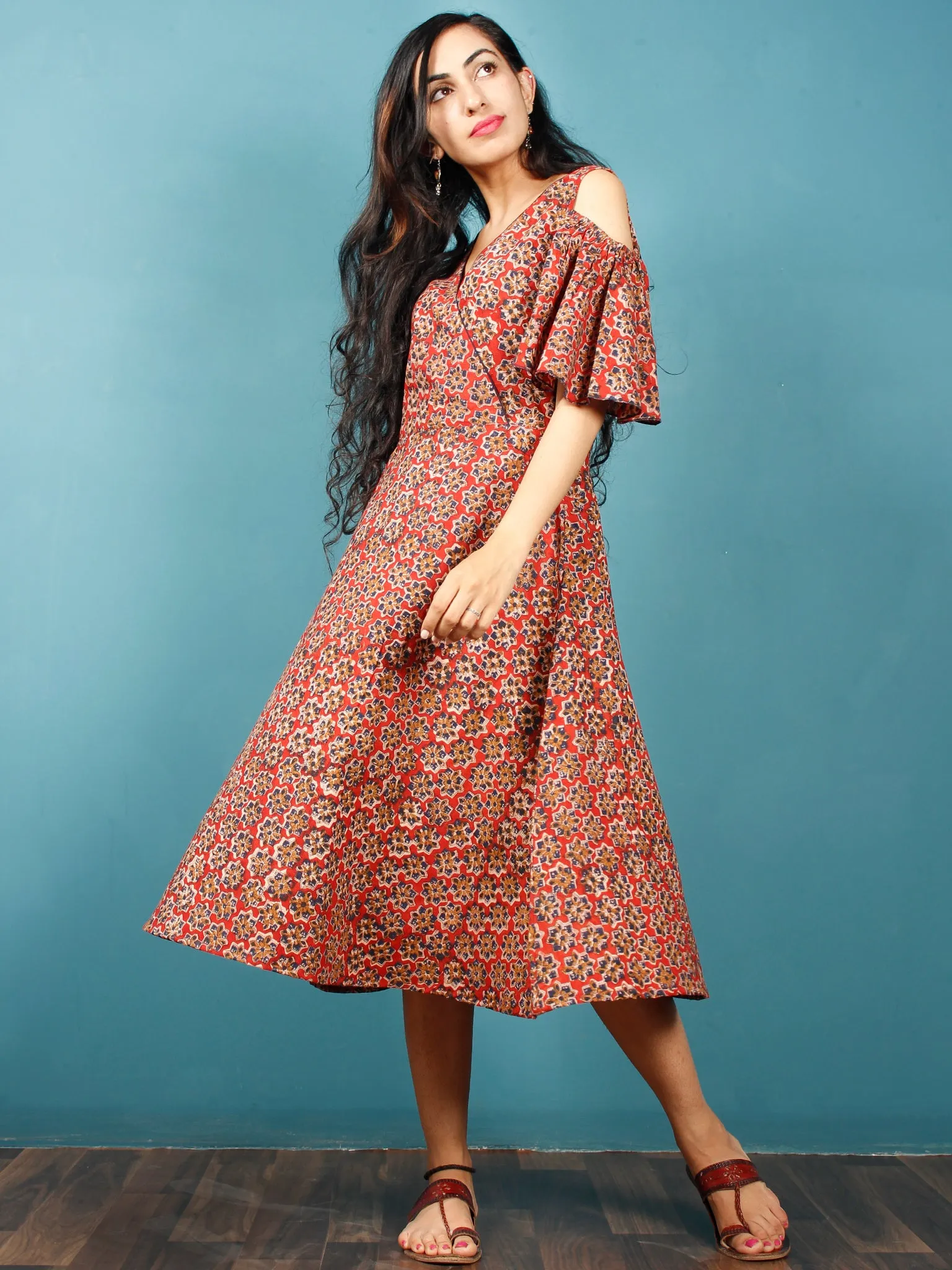 Red Mustard Indigo Hand Block Printed Cotton Dress With Cold Shoulders  - D241F1398