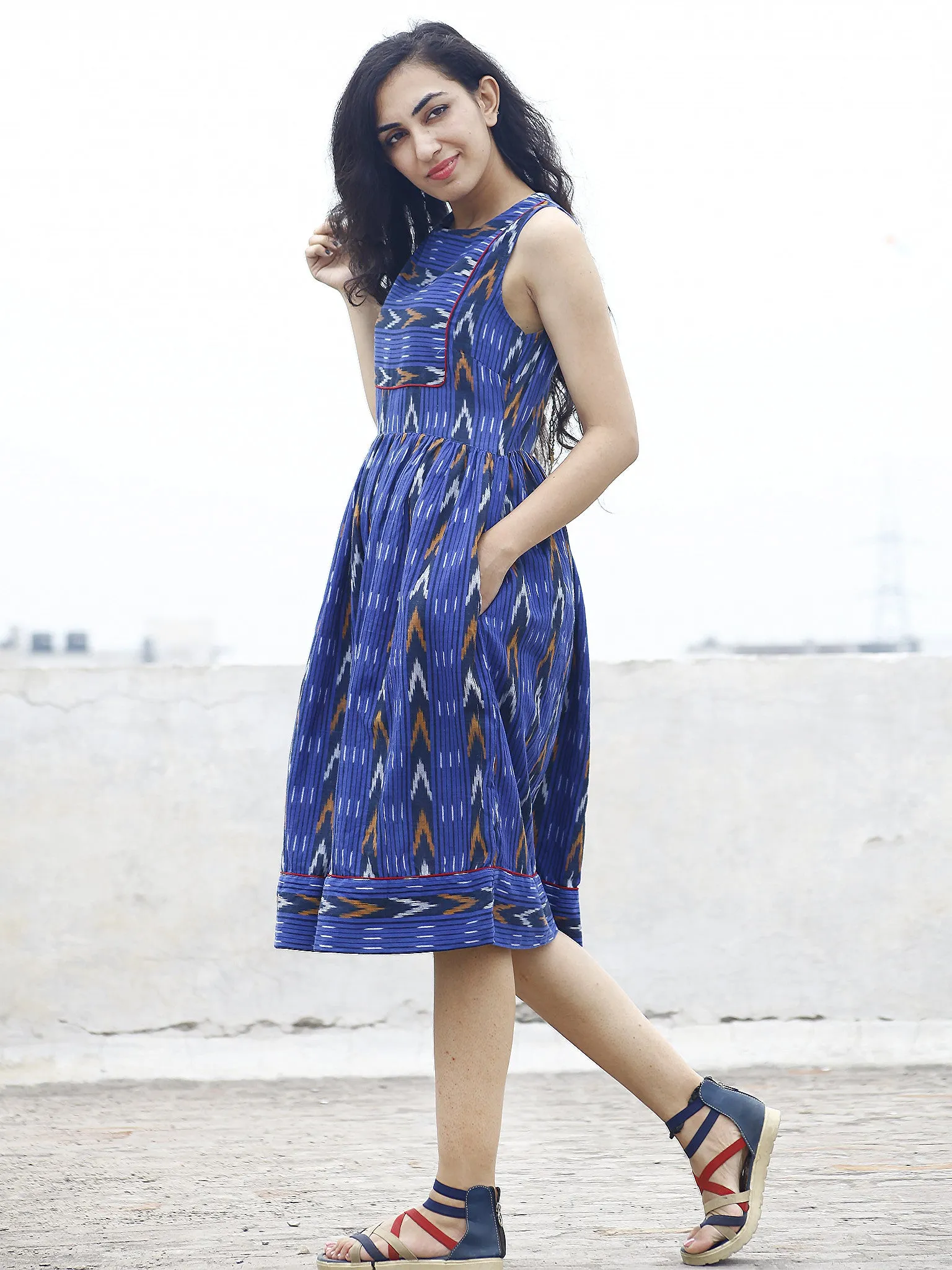 Royal Blue Mustard Ivory Ikat Sleeveless Dress With Gathers & Side Pockets -  D68F753