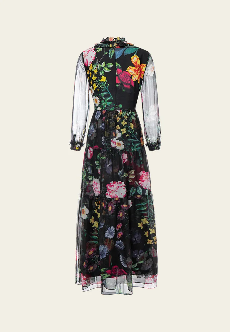 Ruffle-collar Floral-print Chiffon Dress