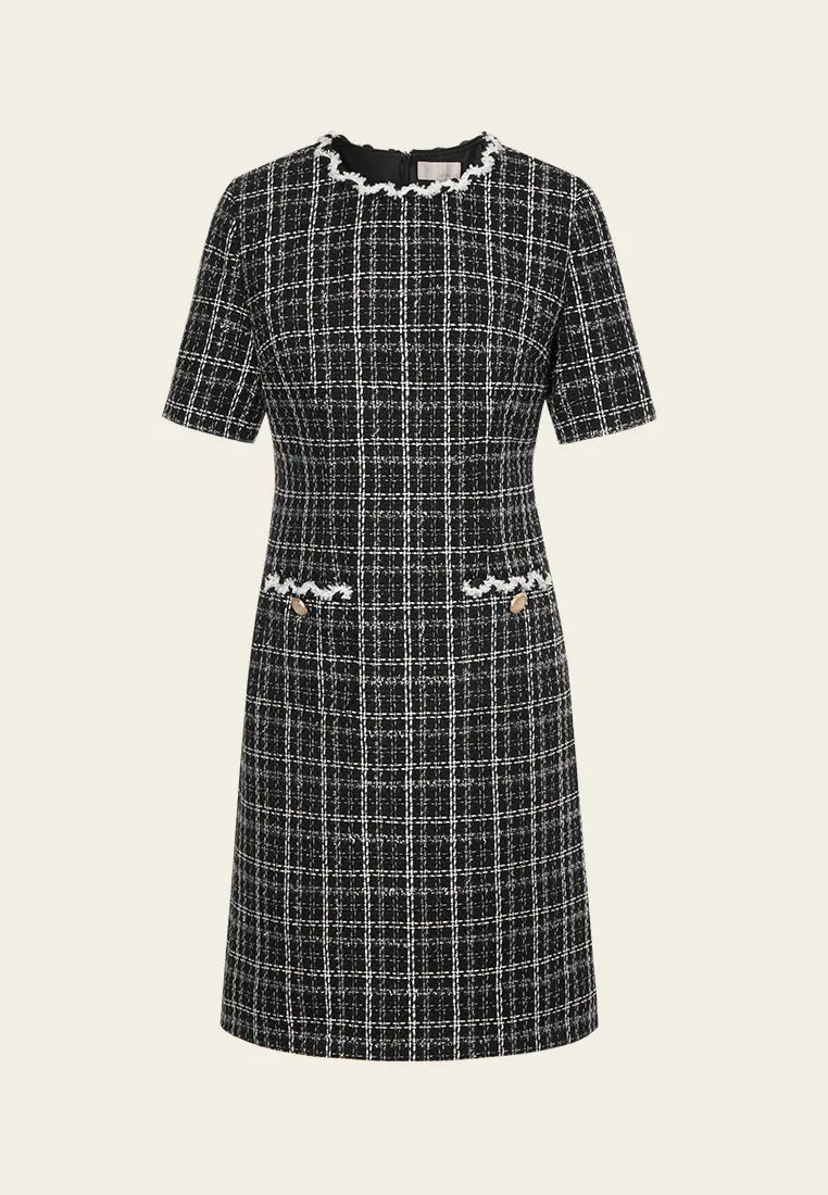 Scallop-trim Checked Patch-pocket Dress