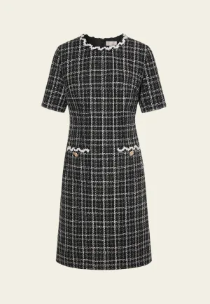 Scallop-trim Checked Patch-pocket Dress