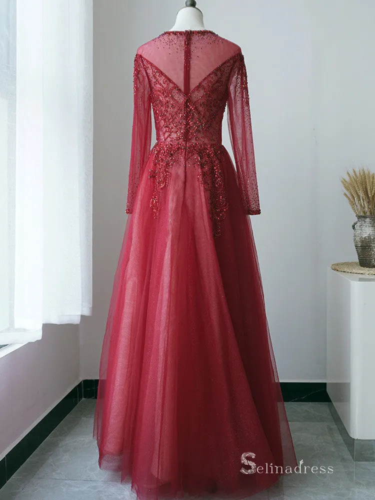 Selinadress Scoop Long Sleeve Red Long Evening Dress Formal Gowns SC087