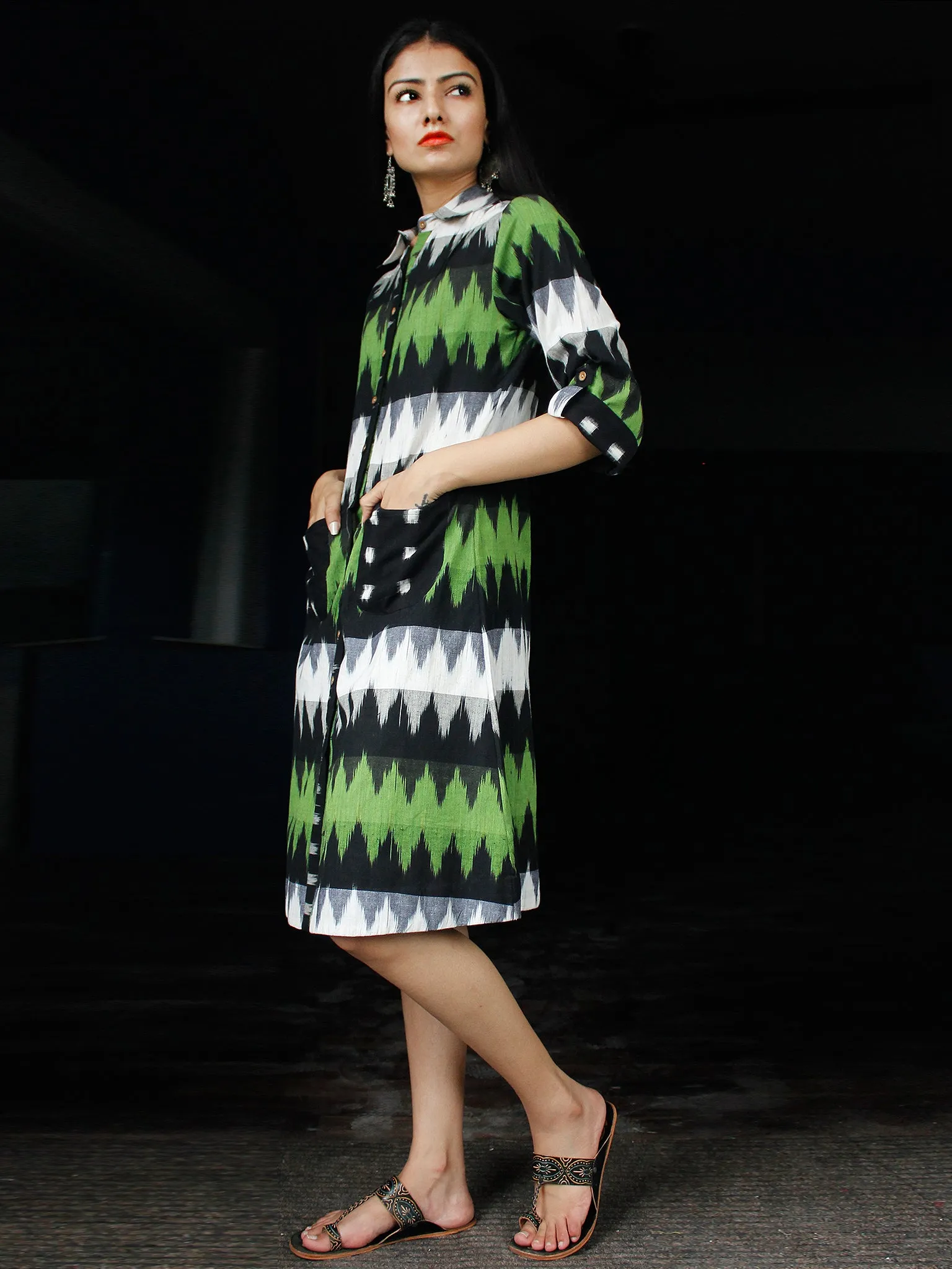 Shirt Style : Handwoven Double Ikat Shirt Dress With Front Pockets - D239F933