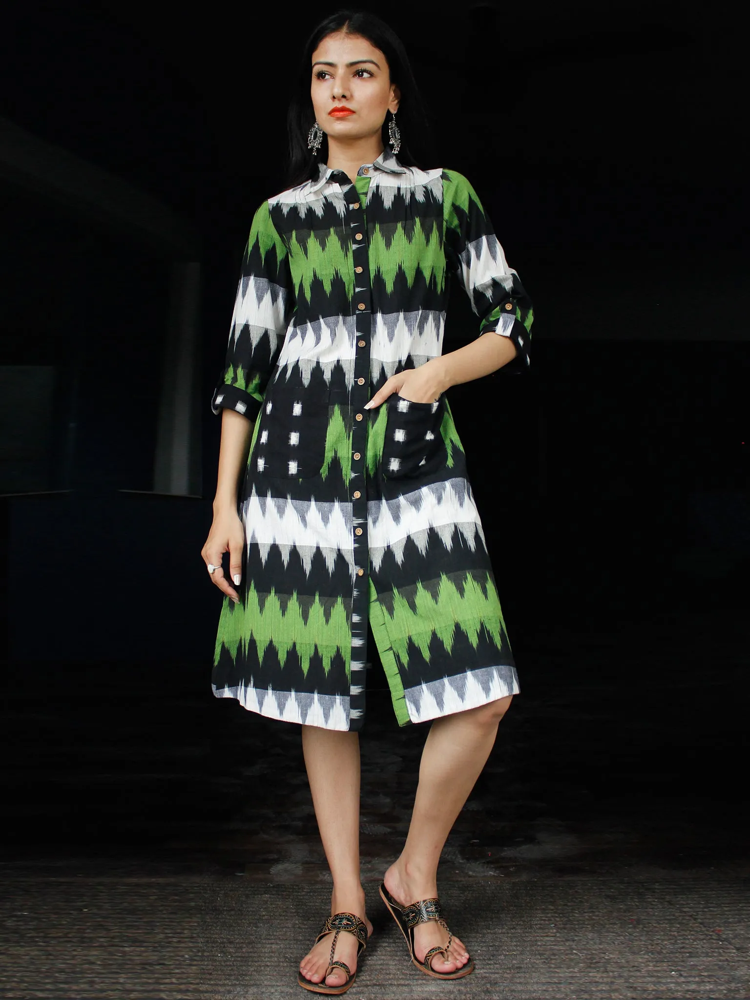 Shirt Style : Handwoven Double Ikat Shirt Dress With Front Pockets - D239F933