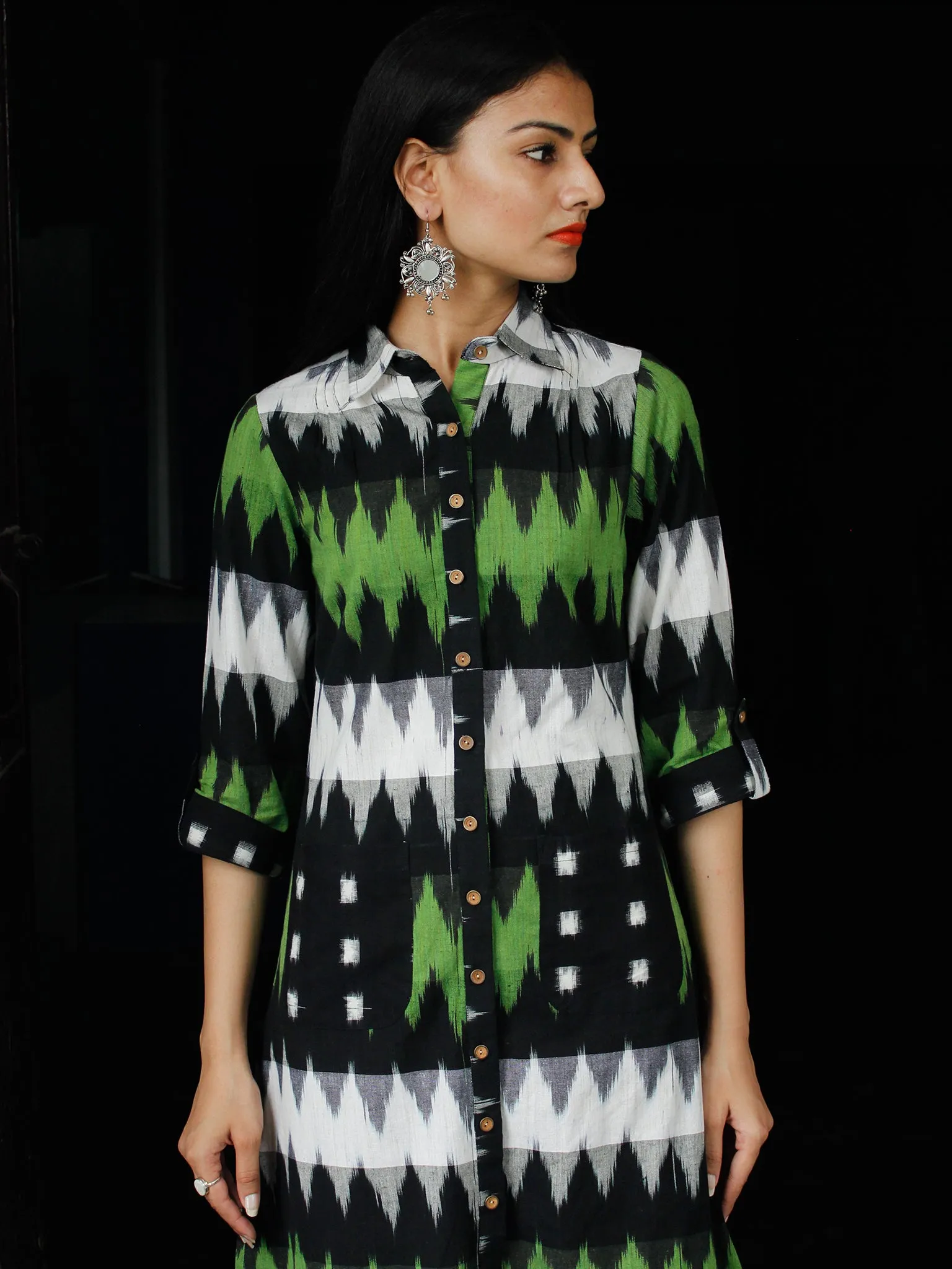 Shirt Style : Handwoven Double Ikat Shirt Dress With Front Pockets - D239F933