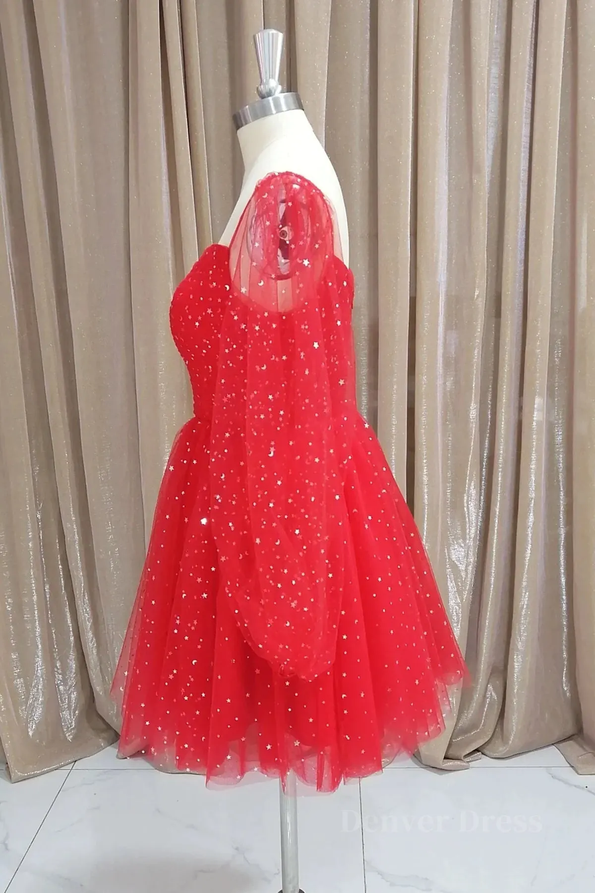 Short Red Long Sleeves Tulle Prom Dresses, Short Red Long Sleeves Formal Homecoming Dresses