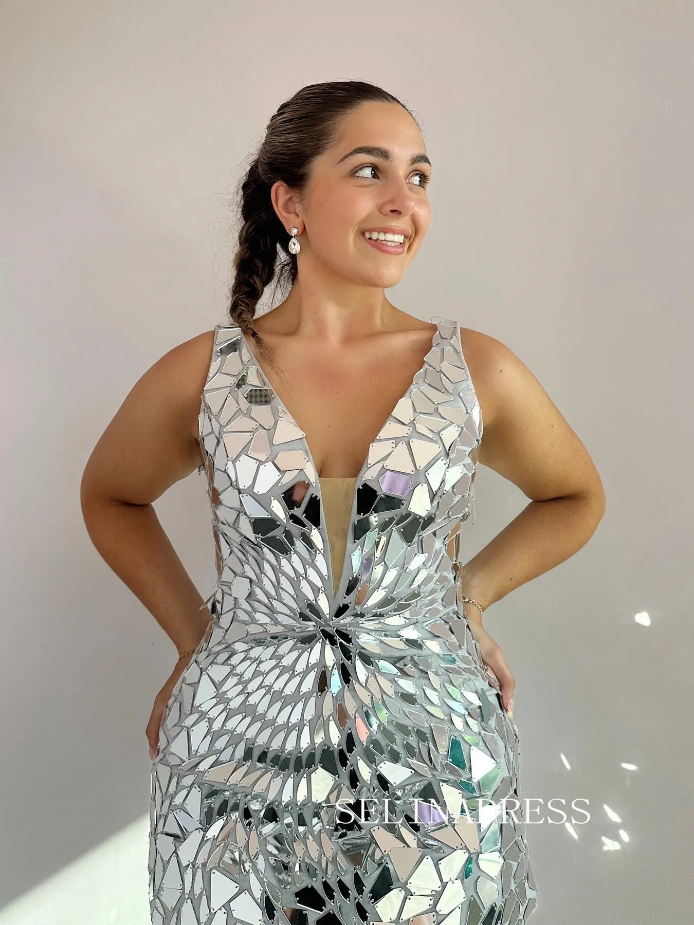 Silver V neck Strapless Glass Mirror Tight Homecoming Dresses Sequin Hoco Dress Cocktail Dress #TKL1919