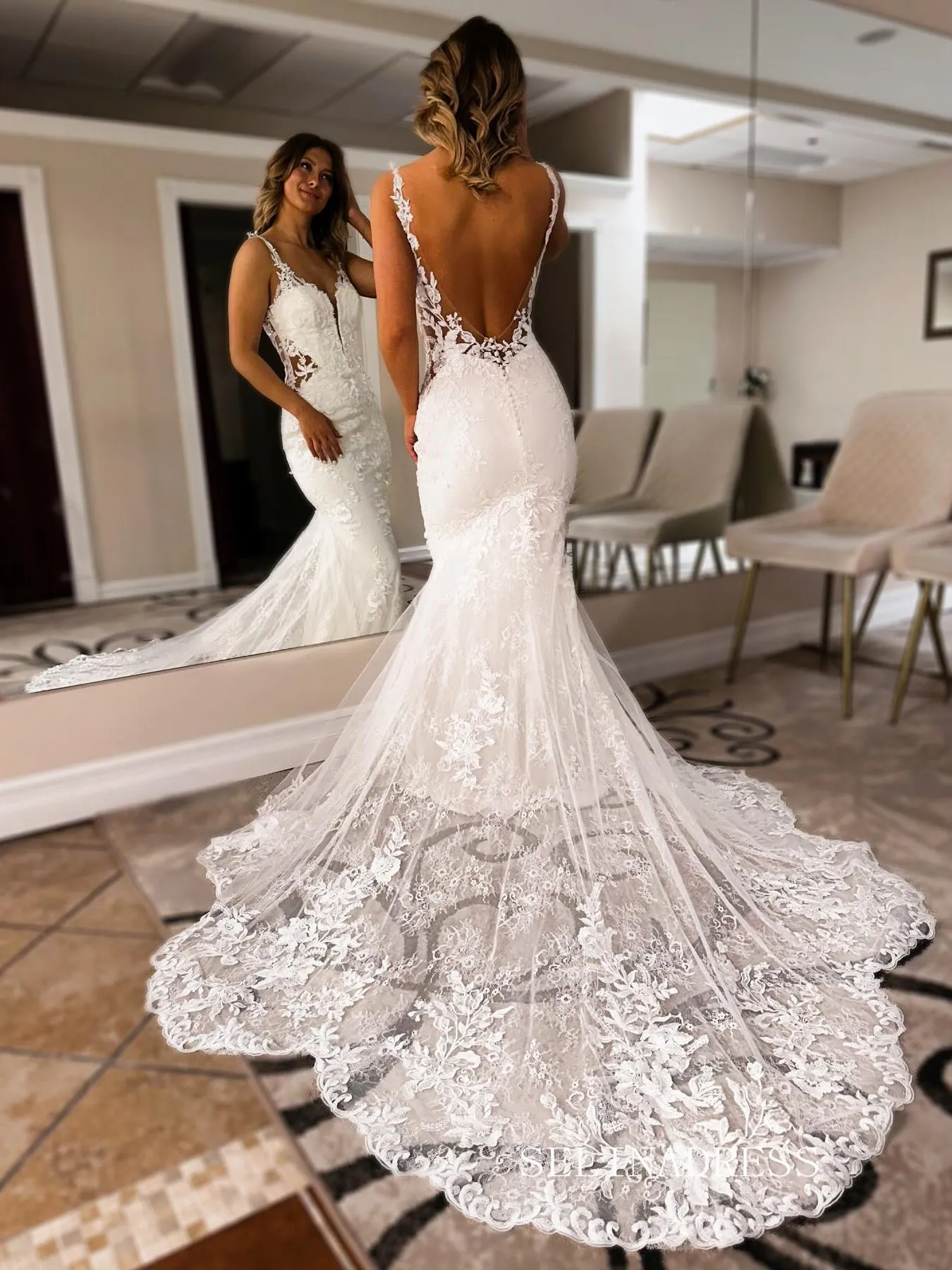 Spaghetti Straps Mermaid White Lace Wedding Dress EWR392