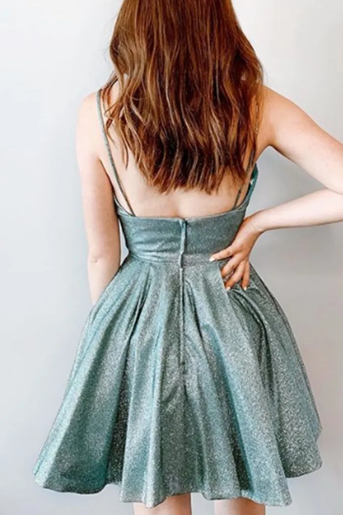 Spaghetti Straps V Neck Mini Prom Homecoming Dress Aqua Silver Cocktail Dress ANN6308