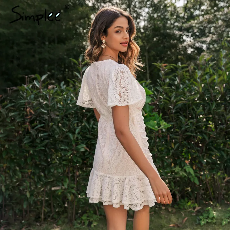 Summer Lace Sexy V-Neck Floral Summer Cotton White  Dress