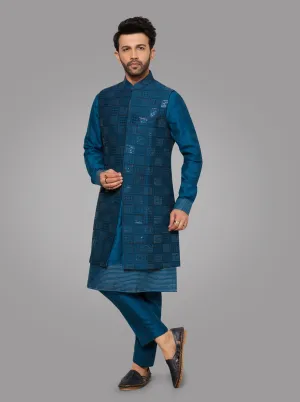 Teal Blue Kurta Pajama with Koti | TULA