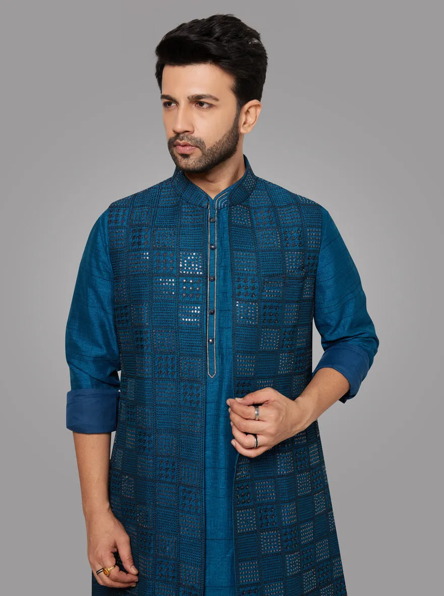 Teal Blue Kurta Pajama with Koti | TULA