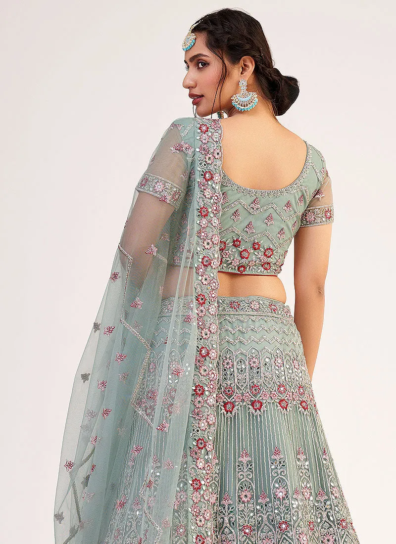 Teal Blue Mirror Embroidered Soft Net Wedding Lehenga Choli