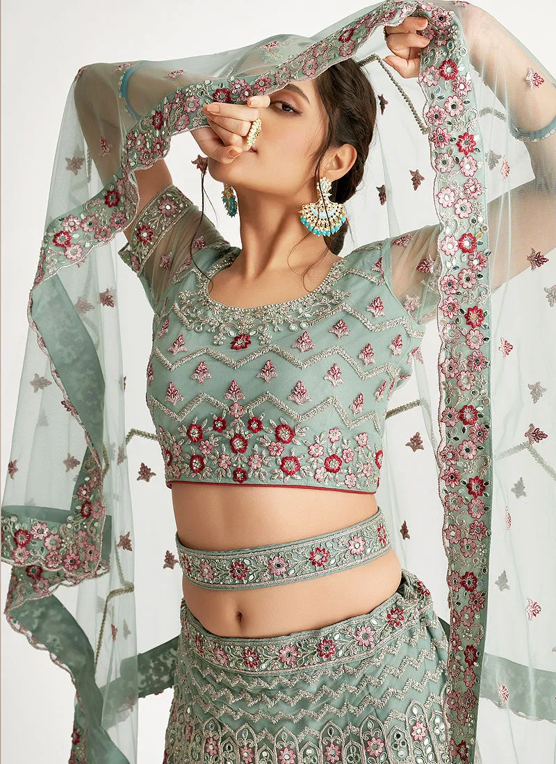 Teal Blue Mirror Embroidered Soft Net Wedding Lehenga Choli