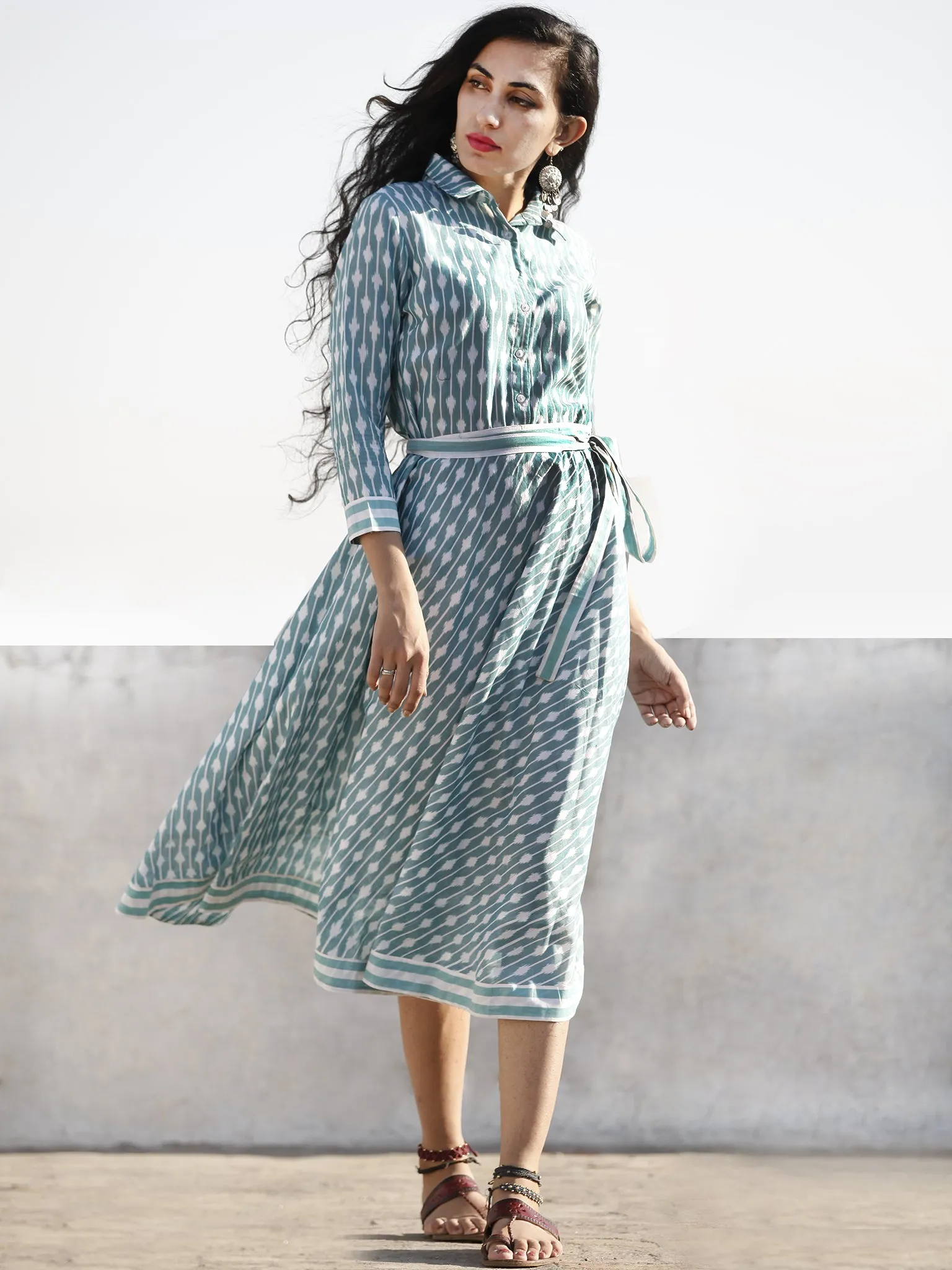 Teal Green White Shaded Hand Woven Mercerized Cotton Ikat Midi Dress With Shirt Collar - D208F1028