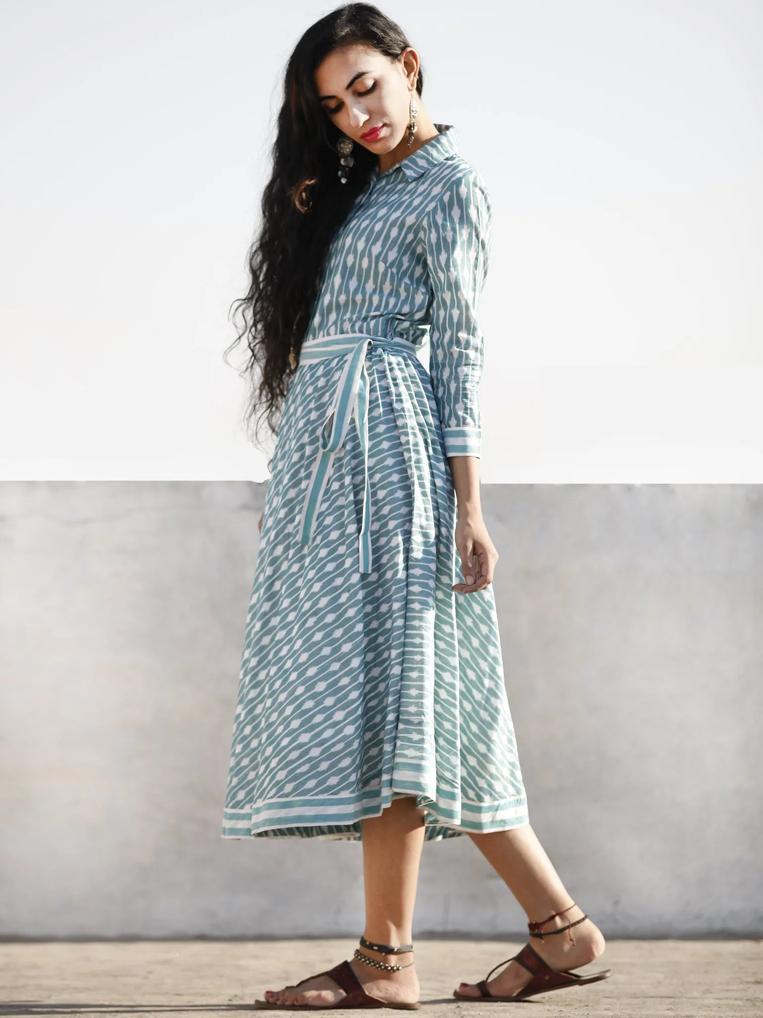 Teal Green White Shaded Hand Woven Mercerized Cotton Ikat Midi Dress With Shirt Collar - D208F1028