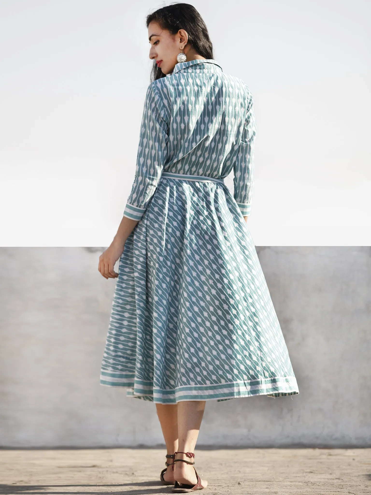 Teal Green White Shaded Hand Woven Mercerized Cotton Ikat Midi Dress With Shirt Collar - D208F1028