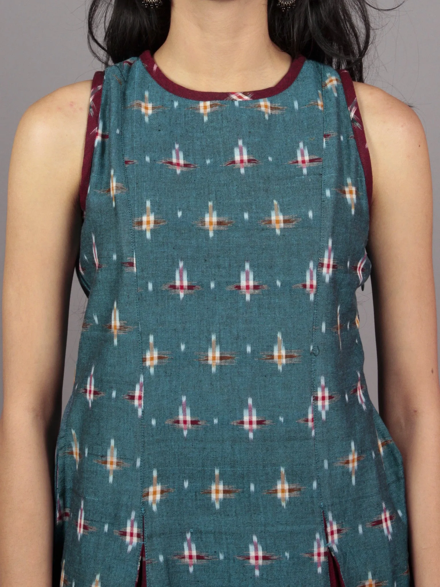 Turquoise Maroon Ivory Handwoven Double Ikat Cotton Sleeveless Dress With Side Pockets  - D5565901