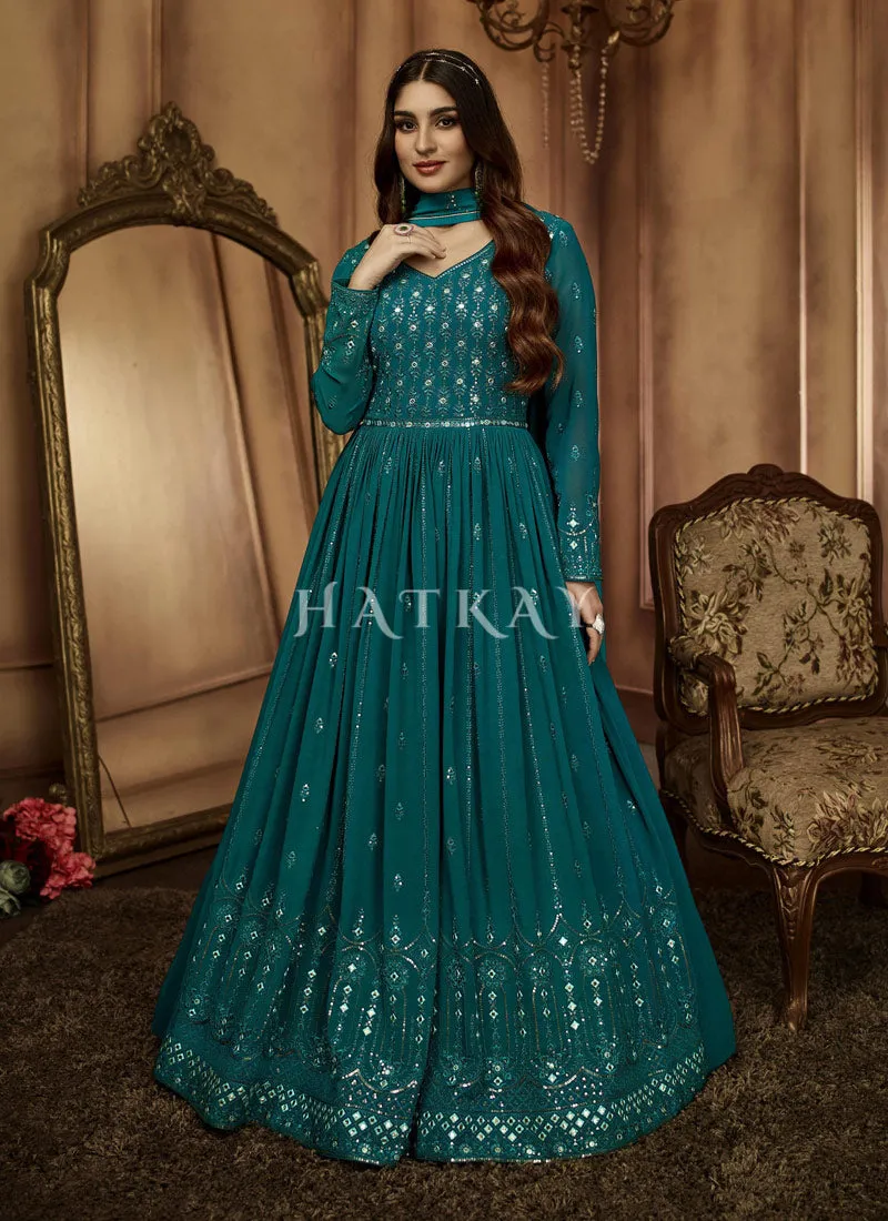 Turquoise Mirror Work Embroidered Traditional Anarkali Suit