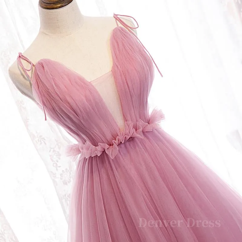 V Neck Pink Tulle Prom Dresses with Train, Pink Long Formal Evening Graduation Dresses