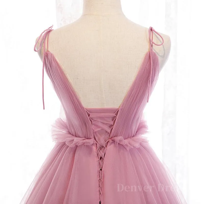 V Neck Pink Tulle Prom Dresses with Train, Pink Long Formal Evening Graduation Dresses