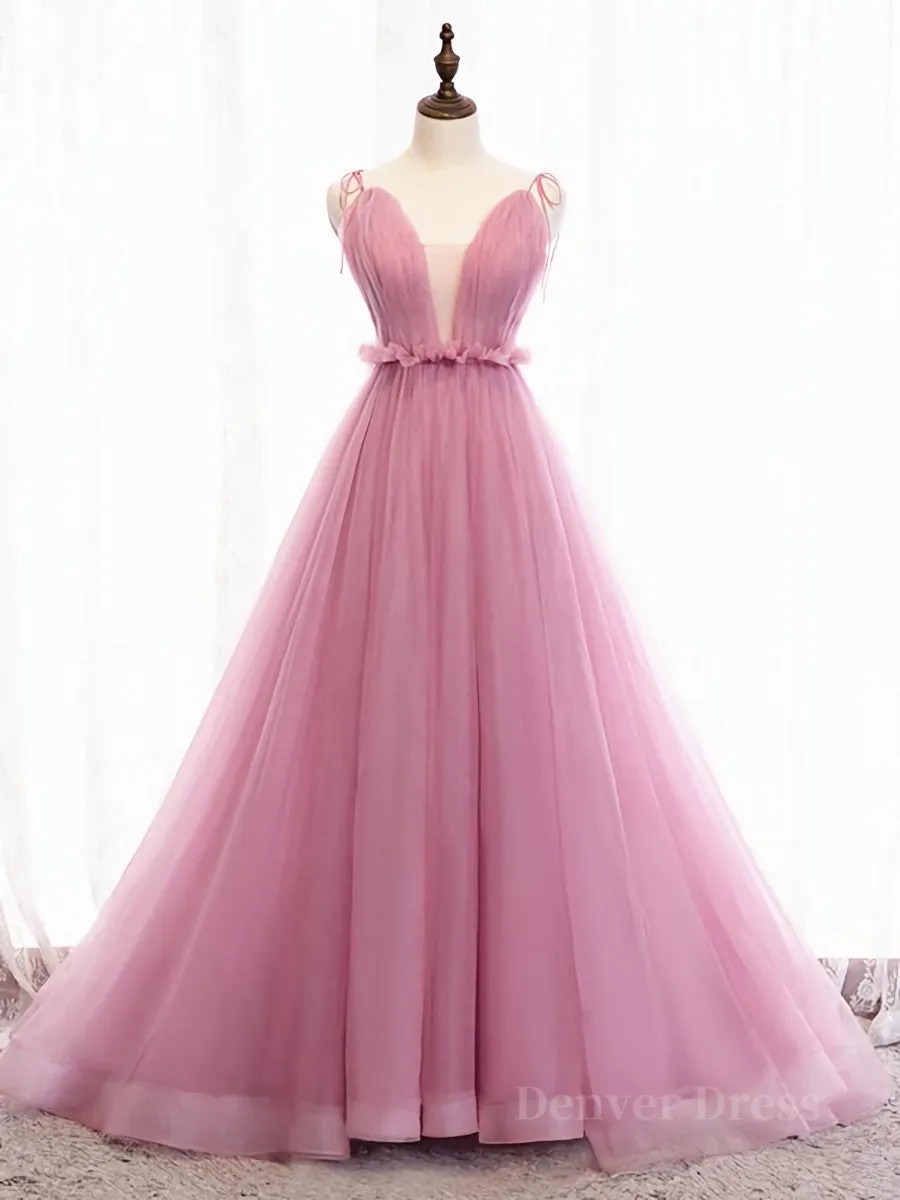 V Neck Pink Tulle Prom Dresses with Train, Pink Long Formal Evening Graduation Dresses