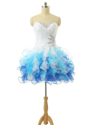 White And Blue Organza Knee Length Cocktail Dresses