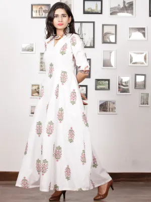 White Pink Green Hand Block Printed Panel Cotton Long Dress - D282BF1502