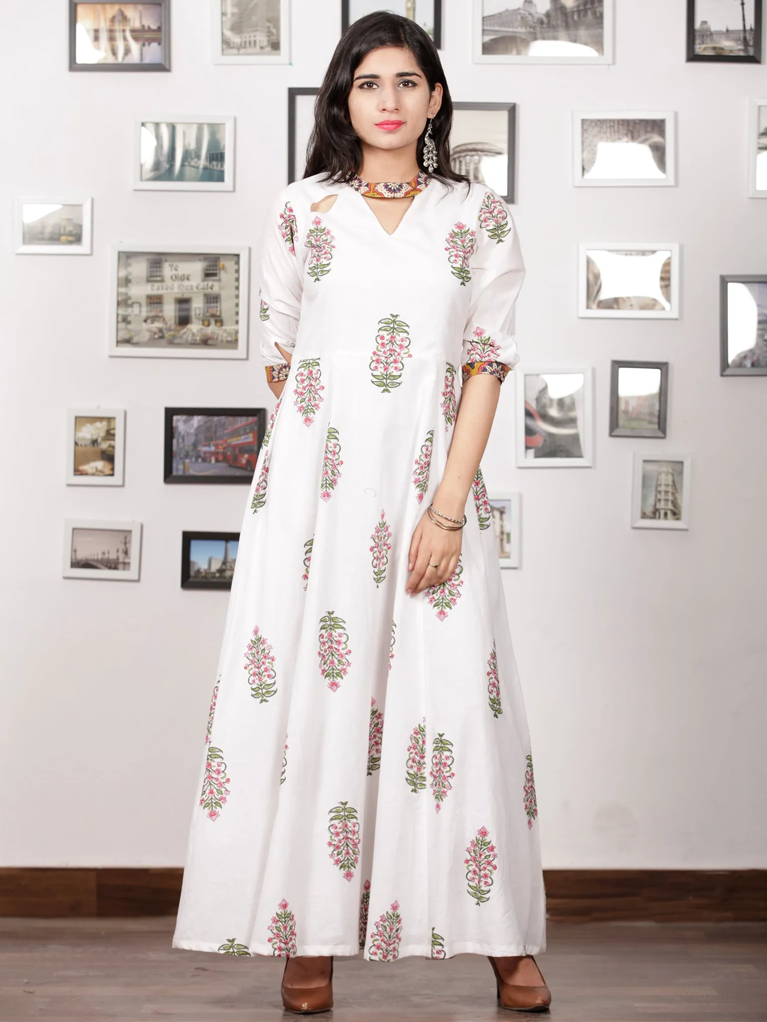 White Pink Green Hand Block Printed Panel Cotton Long Dress - D282BF1502