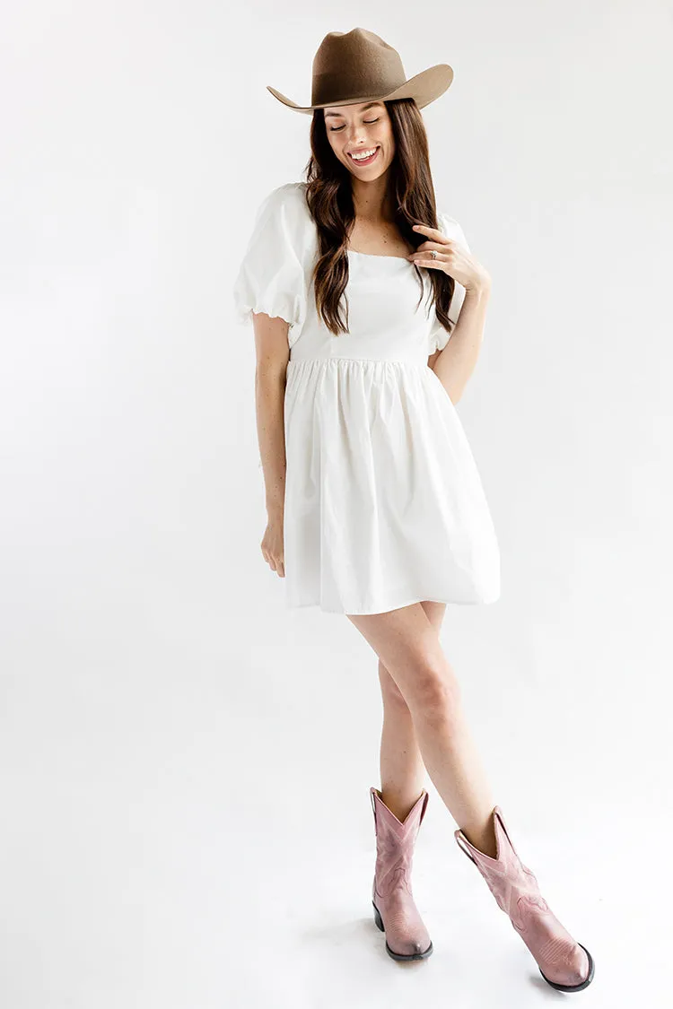 White Puff Sleeve Dress with Bow Back