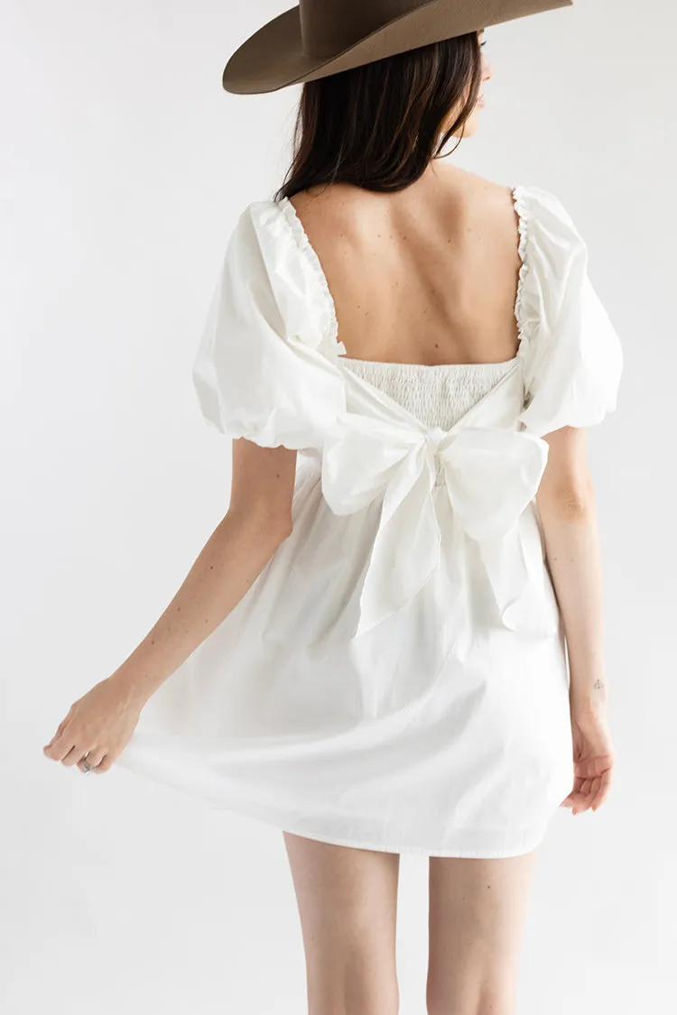 White Puff Sleeve Dress with Bow Back