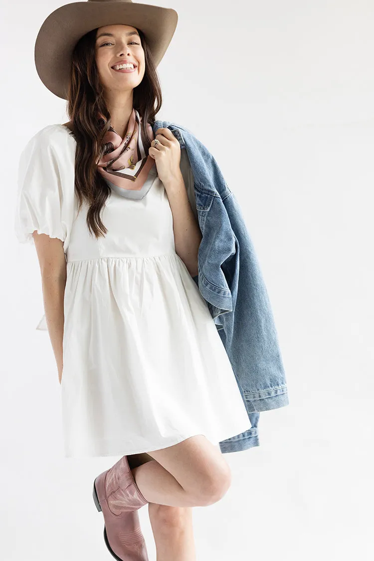 White Puff Sleeve Dress with Bow Back