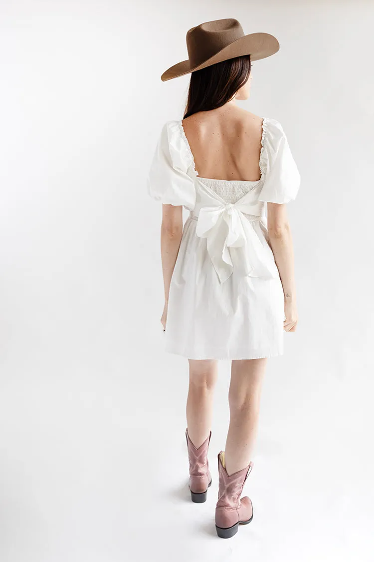 White Puff Sleeve Dress with Bow Back