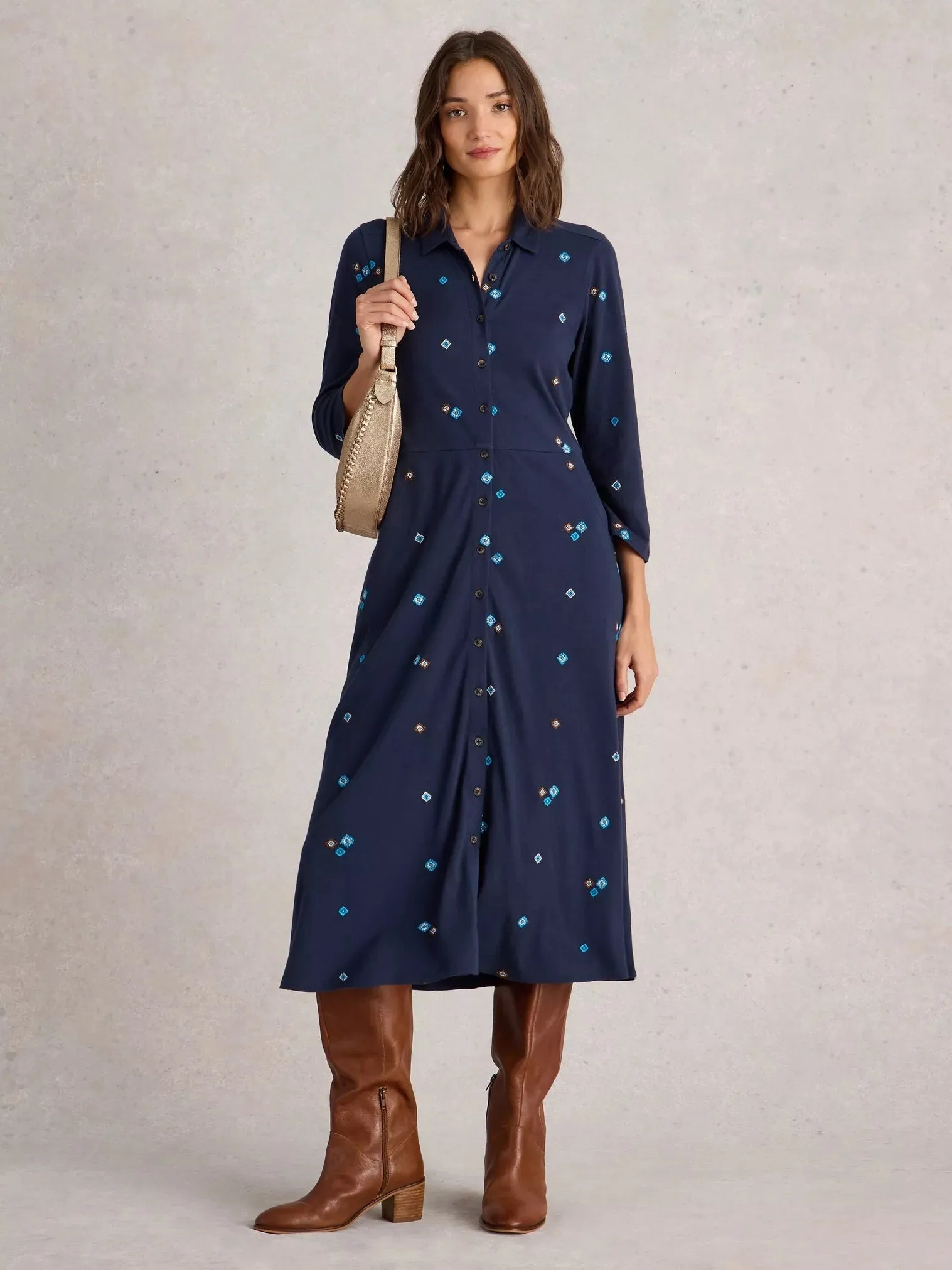 White Stuff Rua Embroidered Jersey Dress Navy Multi