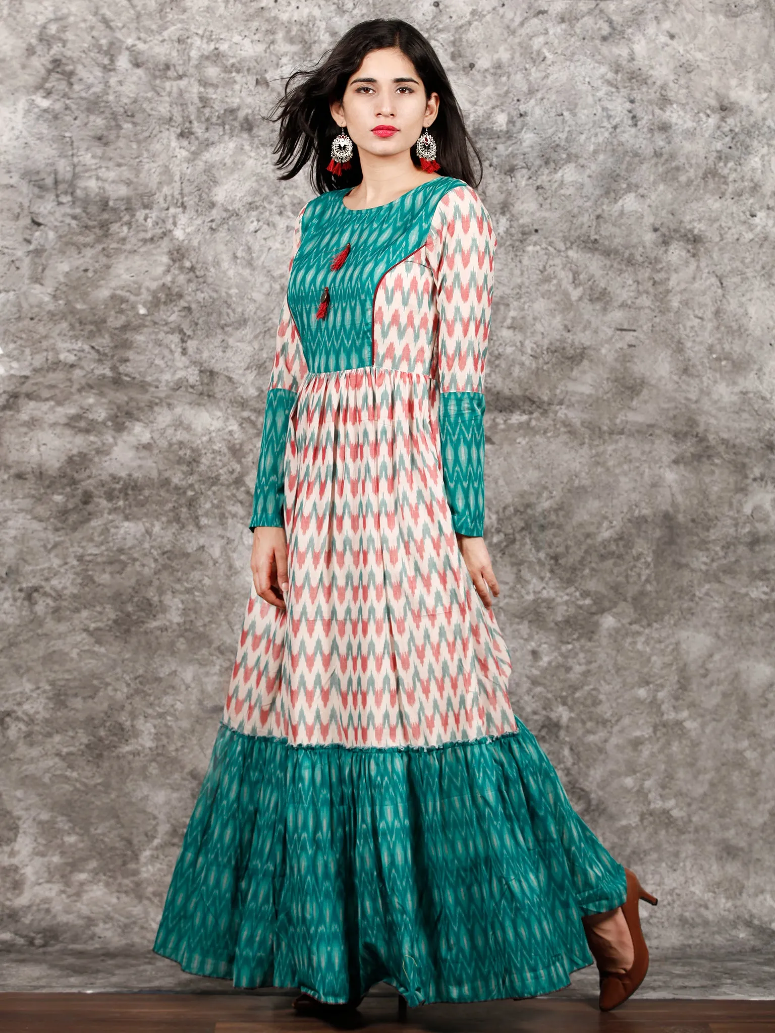 White Teal Green Wine Hand Woven Ikat Princess Cut Long Tier Dress - D175F1277