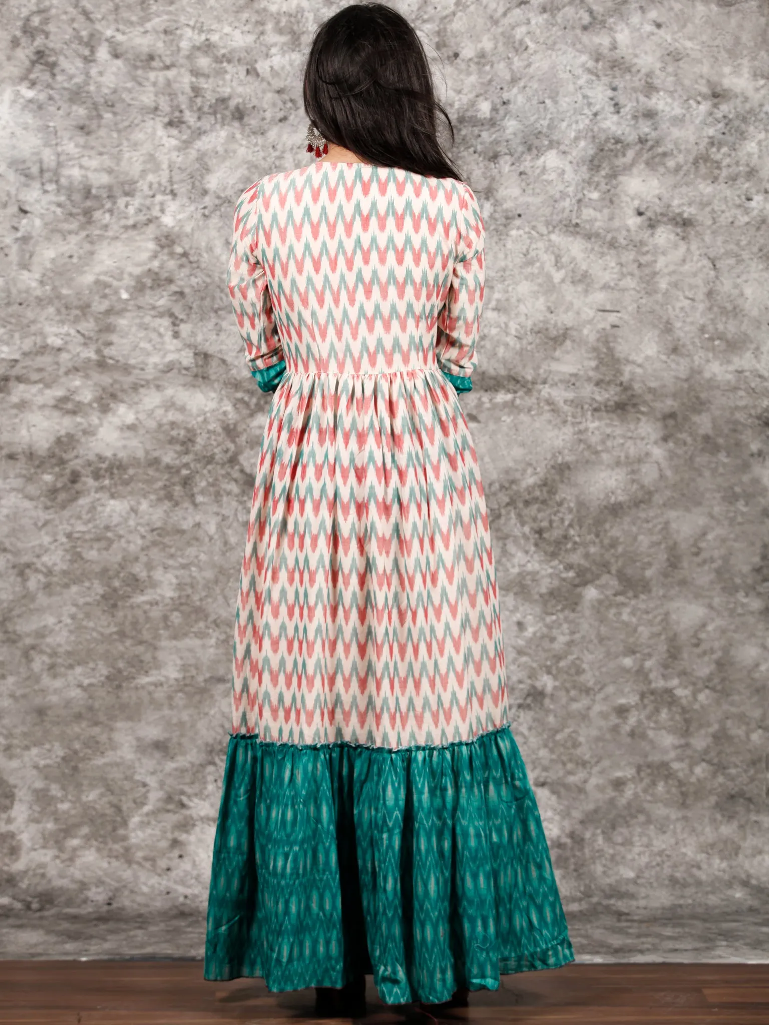 White Teal Green Wine Hand Woven Ikat Princess Cut Long Tier Dress - D175F1277