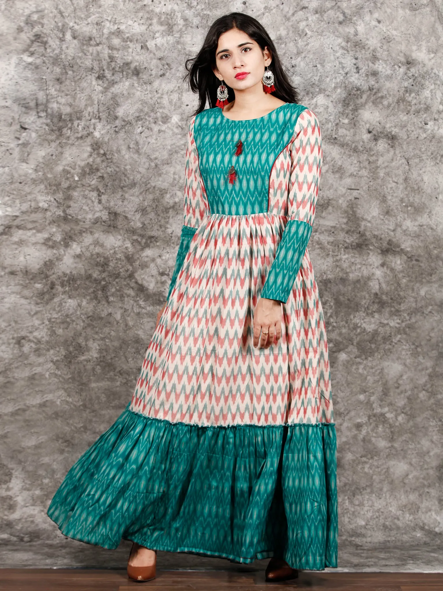 White Teal Green Wine Hand Woven Ikat Princess Cut Long Tier Dress - D175F1277