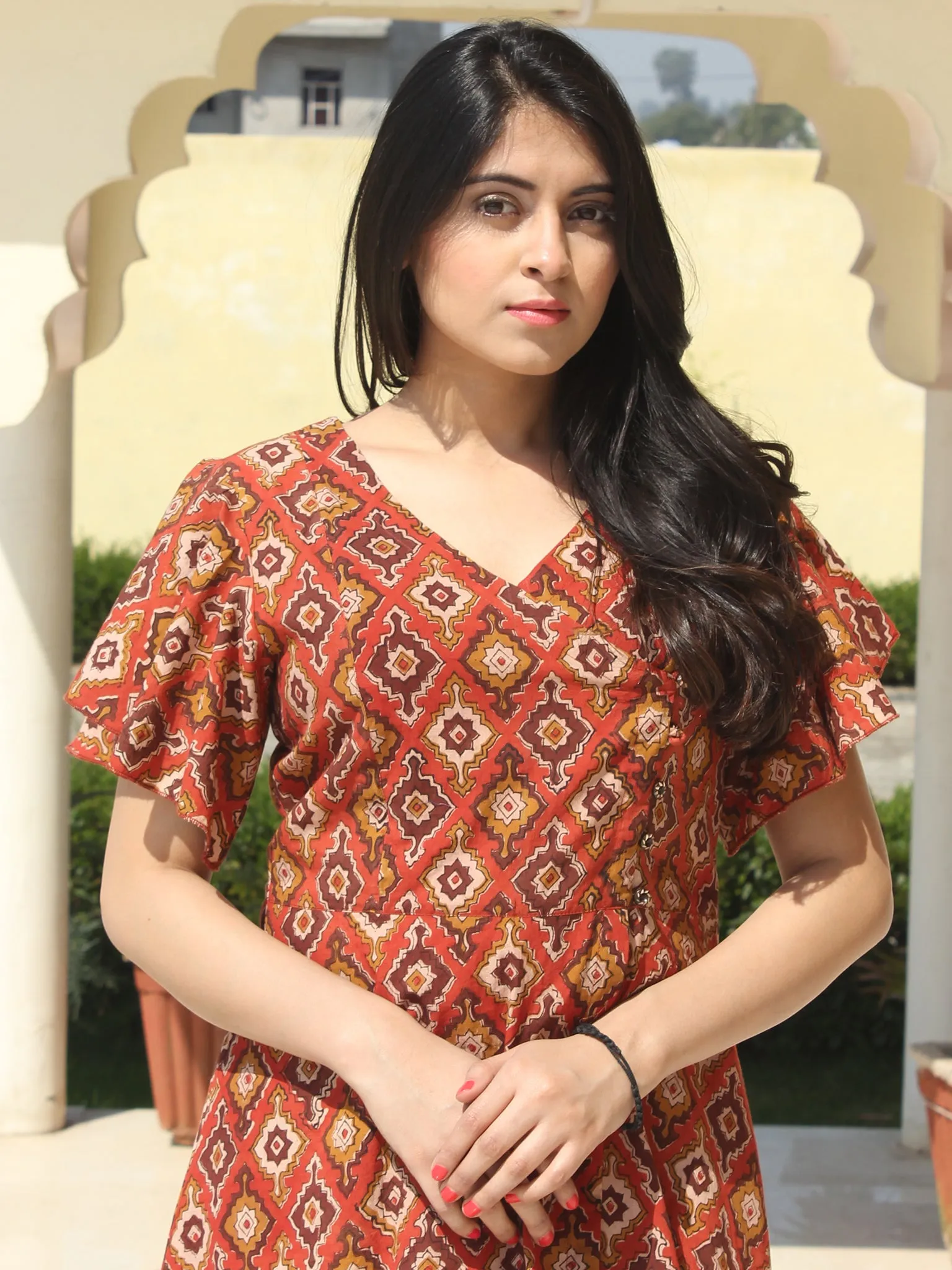 Wirda - Rust Brown Hand Block Printed Cotton Angrakha Dress With Ruffle Sleeves - D273F2149