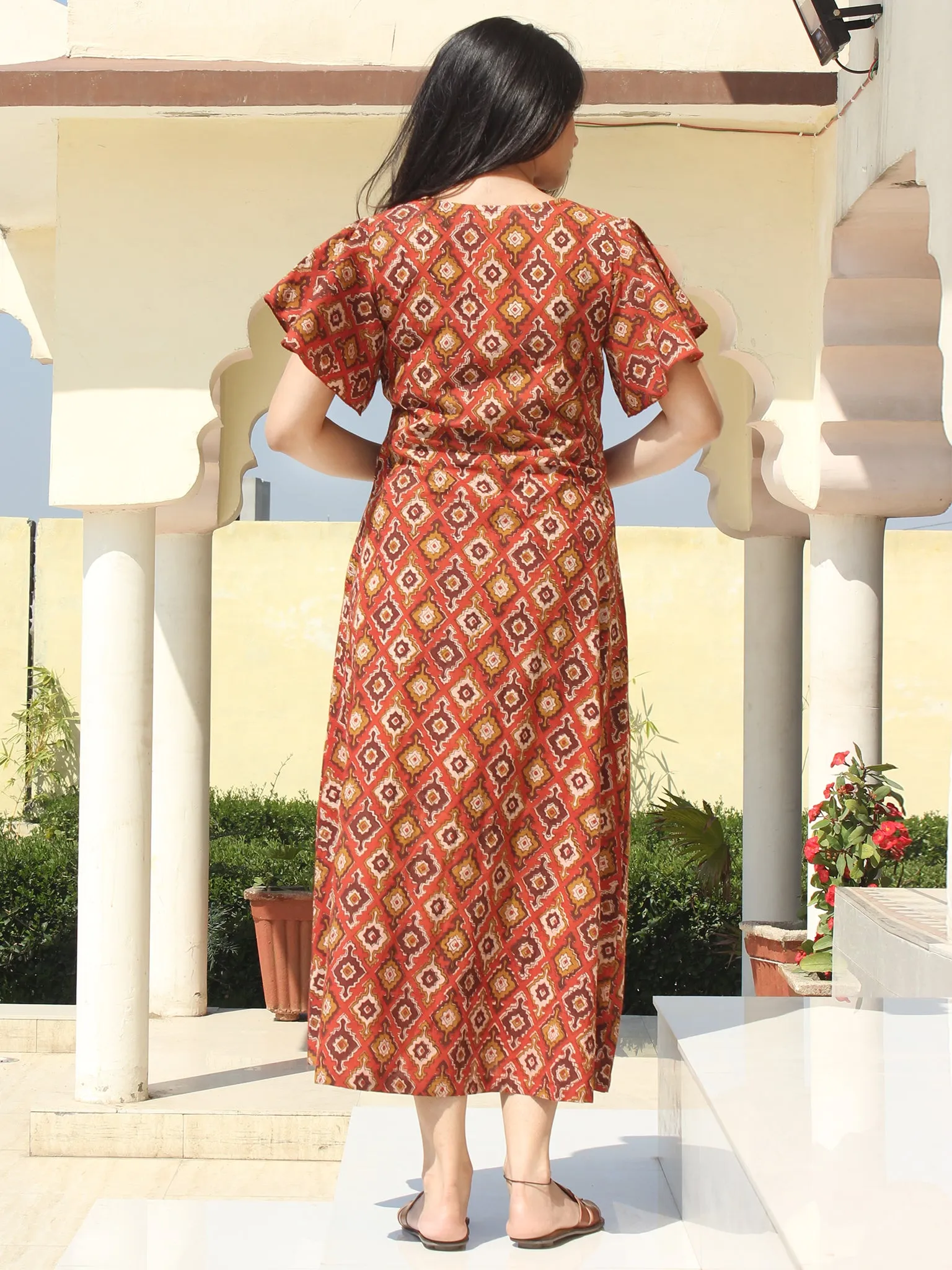 Wirda - Rust Brown Hand Block Printed Cotton Angrakha Dress With Ruffle Sleeves - D273F2149