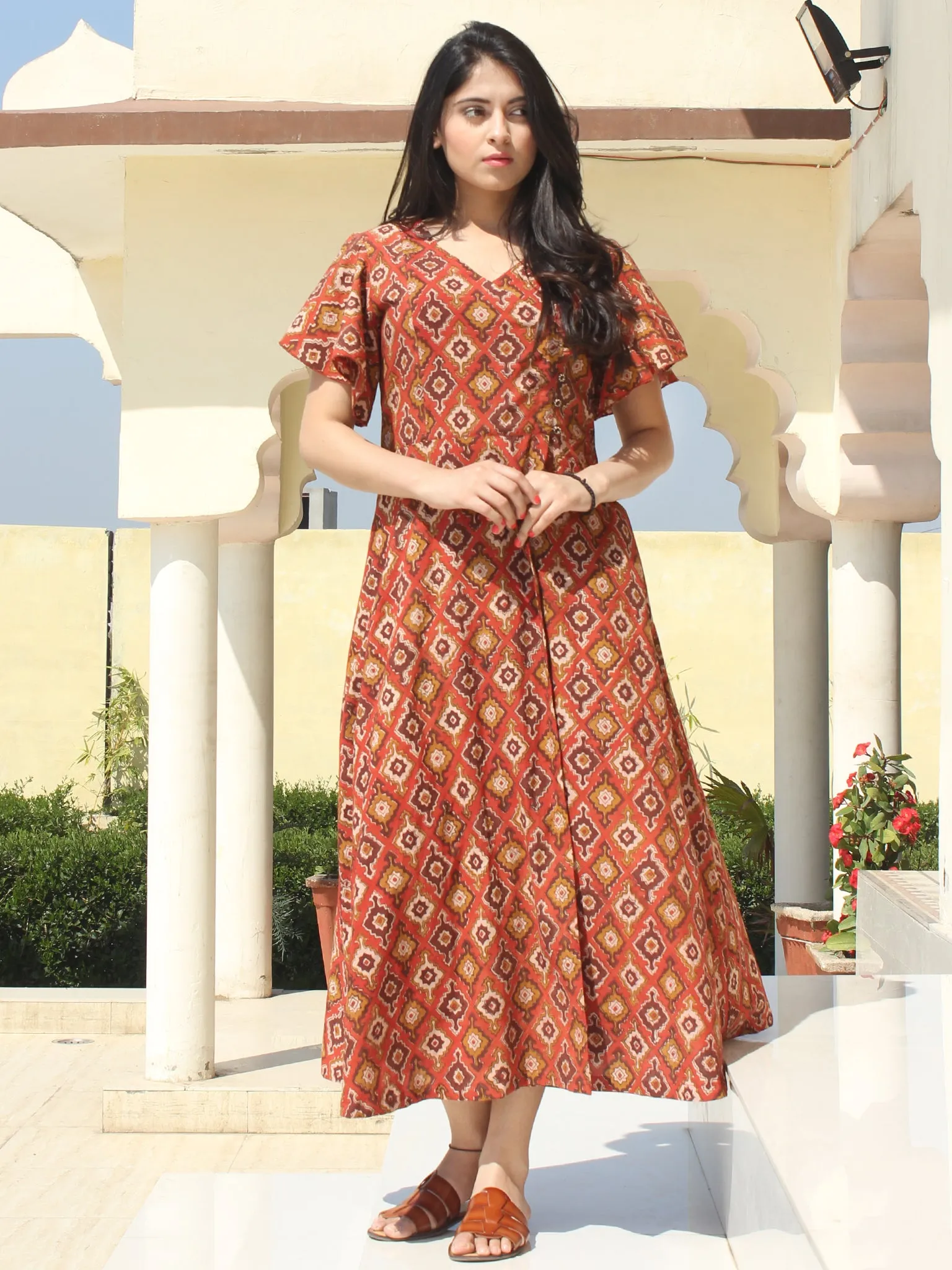 Wirda - Rust Brown Hand Block Printed Cotton Angrakha Dress With Ruffle Sleeves - D273F2149