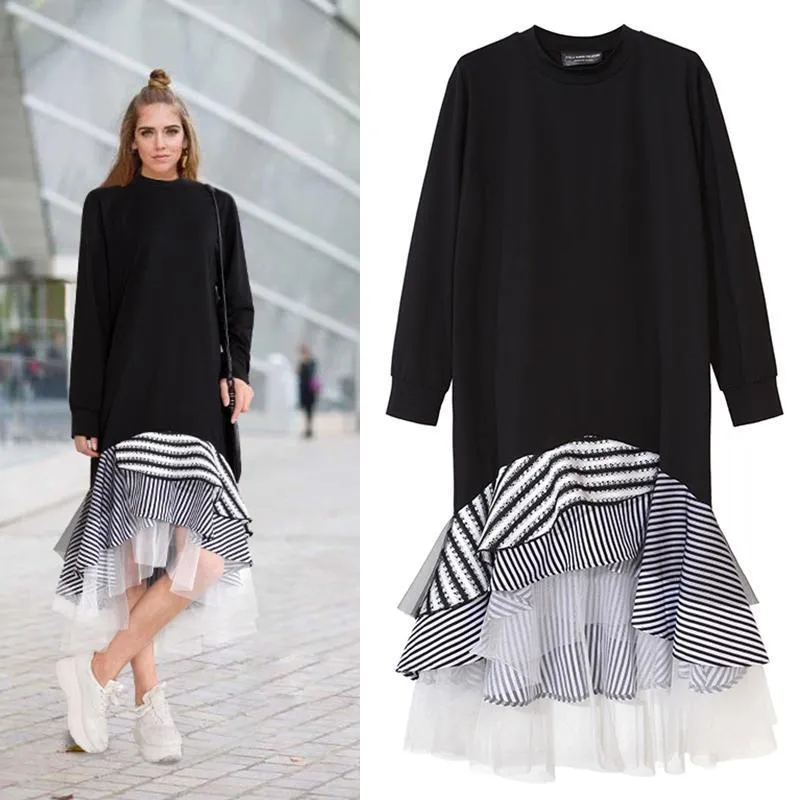 Women Long Sleeve T Shirt Midi Dress Patchwork Stripe Mesh Ruffle Flare Asymmetrical Hem Pullover Casual (US 14W-16W)