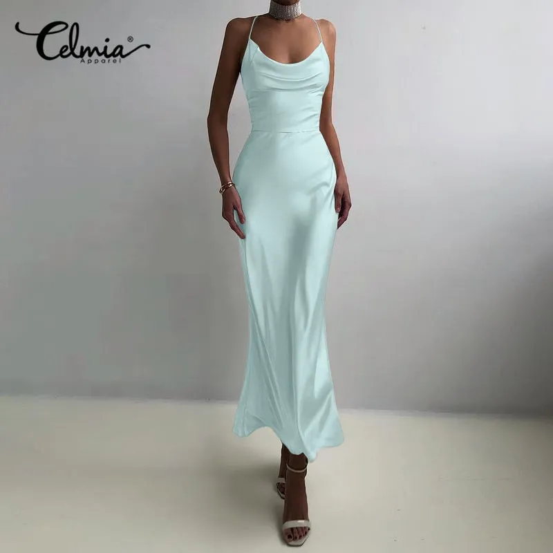 Women Sexy Spaghetti Strap Long Dress 2022 Summer Elegant Satin Party Maxi Sundress Fashion Hollow Backless Club Vestidos