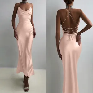 Women Sexy Spaghetti Strap Long Dress 2022 Summer Elegant Satin Party Maxi Sundress Fashion Hollow Backless Club Vestidos