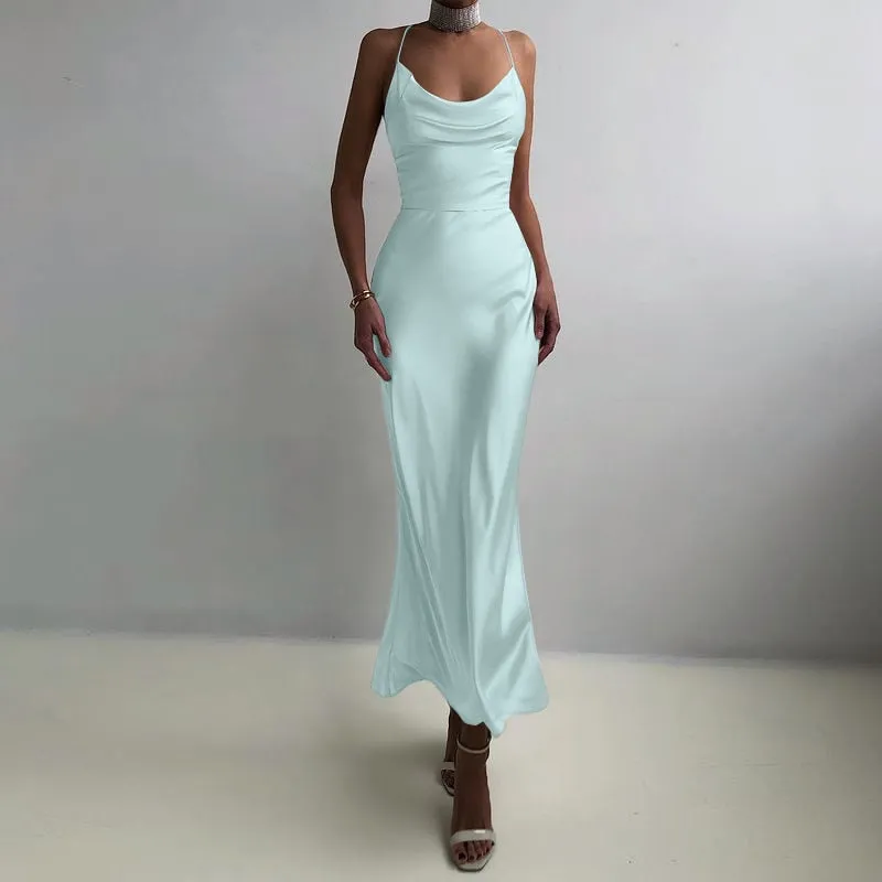 Women Sexy Spaghetti Strap Long Dress 2022 Summer Elegant Satin Party Maxi Sundress Fashion Hollow Backless Club Vestidos